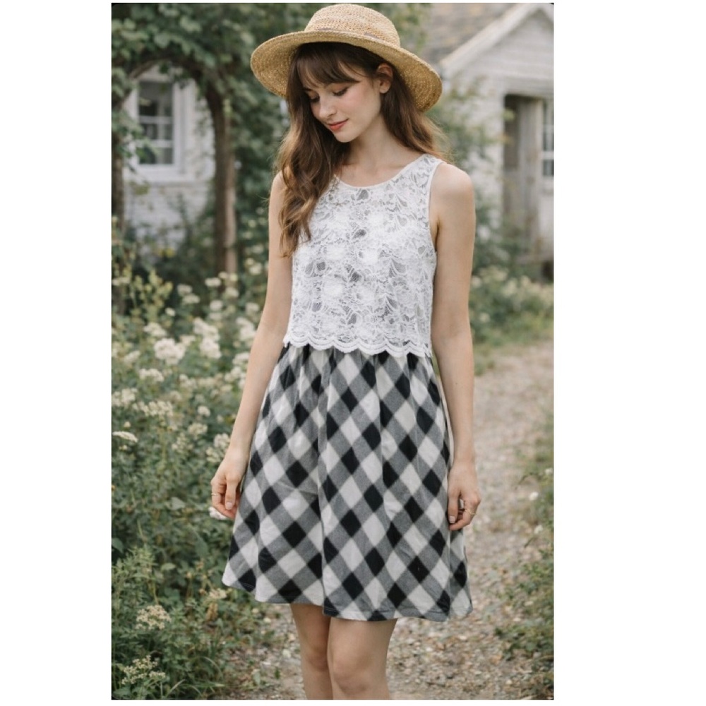 🧋 KENSIE Black & White Plaid Lace Sleeveless Dress NWT $109 S Cottagecore